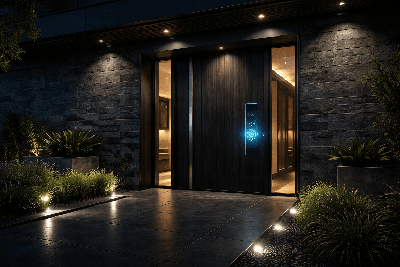 Luksusowe wejście do domu NodiusIQ w nocy ze smart lock